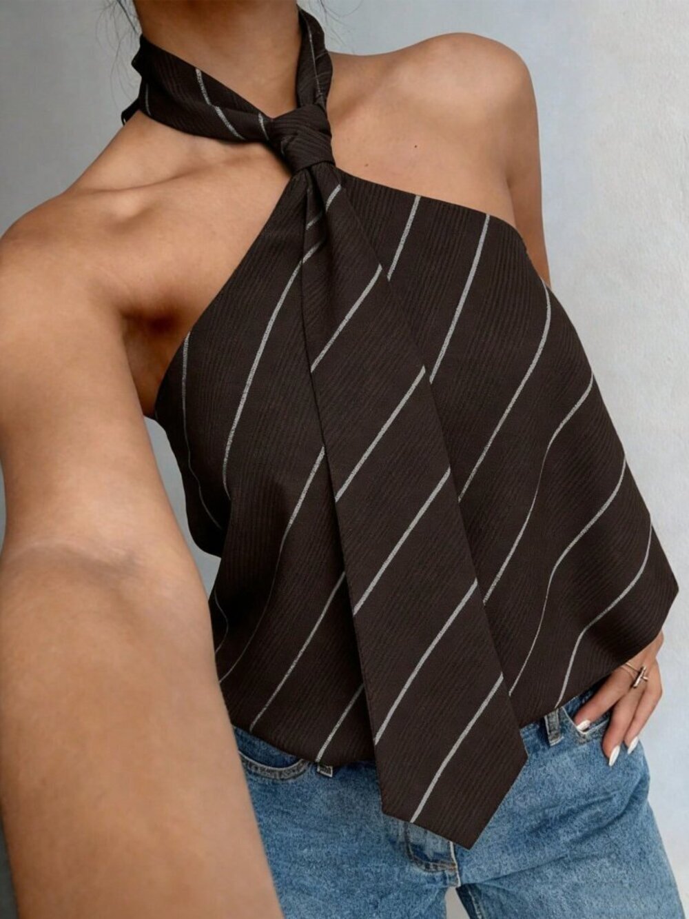 Coffee Brown Casual Women's Striped Halter Backless Top